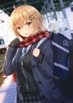  1girl bag bangs black_jacket blue highres jacket komori_kuzuyu nao_(kuzuyu) original scarf uniform winter_uniform 
