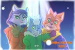  2021 3:2 anthro blue_hair canid canine clothing coat english_text family father father_and_child father_and_son female fox fox_mccloud fur gloves green_eyes group hair handwear hi_res kokoro-tokoro krystal male mammal marcus_mccloud mother mother_and_child mother_and_son nintendo one_eye_closed open_mouth open_smile parent parent_and_child scarf smile snow son star_fox teeth text topwear video_games white_hair wink winter young 