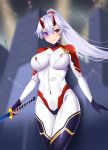 1girl blurry blurry_background blush bodysuit breasts building cameltoe covered_navel fate/grand_order fate_(series) fingerless_gloves gloves hair_between_eyes highres holding holding_sword holding_weapon horns katana large_breasts long_hair looking_at_viewer matrix16 mechanical_horns mitsudomoe_(shape) ponytail red_eyes scouter silver_hair single_fingerless_glove skin_tight skyscraper smile solo sword thighs tomoe_(symbol) tomoe_gozen_(fate/grand_order) weapon white_bodysuit 