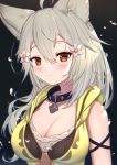  1girl ahoge animal_ear_fluff animal_ears bangs bare_shoulders black_background black_collar blush breasts brown_eyes cleavage closed_mouth collar erune eyebrows_visible_through_hair flower granblue_fantasy grey_hair hair_between_eyes hair_flower hair_ornament highres long_hair looking_at_viewer medium_breasts sen_(granblue_fantasy) sleeveless smile solo uneg upper_body white_flower 