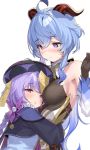  2girls ahoge bangs bell blue_hair blush braid breasts commentary cowbell ganyu_(genshin_impact) genshin_impact goat_horns hat highres horns hug jiangshi kanzarin_(hoochikiss) large_breasts long_hair long_sleeves looking_at_viewer multiple_girls open_mouth purple_eyes purple_hair purple_headwear qing_guanmao qiqi simple_background small_breasts talisman white_background 