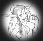  animal_ears black_eyes breasts breath_of_fire breath_of_fire_iv bun_cover dr.p eyeshadow greyscale large_breasts lowres makeup monochrome nipples short_hair solo tail ursula_(breath_of_fire) 