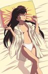  1girl bed black_hair breasts brown_eyes cleavage female higurashi_kagome inuyasha japanese_clothes kagome_higurashi long_hair lowres lying miko navel no_bra panties pillow solo underwear white_panties 