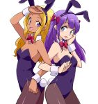  2girls amamiya_erena animal_ears back-to-back bangs black_legwear blonde_hair blue_eyes blue_leotard bow bowtie bunny_ears bunny_tail commentary covered_navel cowboy_shot dark_skin detached_collar fake_animal_ears fake_tail from_side hand_on_own_face hand_on_own_forehead highres kaguya_madoka leotard locked_arms long_hair looking_at_viewer multiple_girls open_mouth pantyhose playboy_bunny precure purple_eyes purple_hair red_neckwear simple_background smile standing star_twinkle_precure strapless strapless_leotard tail uraki white_background wing_collar wrist_cuffs 