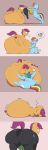  absurd_res blue_body blue_fur clothing comic digestion equid equine feathers female feral friendship_is_magic fur hi_res horse mammal my_little_pony nom-sympony orange_body orange_fur overweight pegasus pony rainbow_dash_(mlp) scootaloo_(mlp) simple_background sleeping thigh_thighs tongue tongue_out vore weight_gain wings 