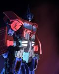  artist_name autobot blue_eyes english_commentary glowing glowing_eyes gradient gradient_background gun highres holding holding_gun holding_weapon looking_down mecha no_humans optimus_prime photo-referenced science_fiction solo theo_aud transformers watermark weapon 