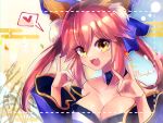  1girl animal_ear_fluff animal_ears artist_request bare_shoulders blue_kimono blue_ribbon breasts cleavage collarbone detached_sleeves double_fox_shadow_puppet eyebrows_visible_through_hair fang fate/extella fate/extra fate/extra_ccc fate/grand_order fate_(series) fox_ears fox_girl fox_shadow_puppet hair_ribbon heart highres japanese_clothes kimono large_breasts looking_at_viewer open_mouth pink_hair ribbon solo speech_bubble tamamo_(fate)_(all) tamamo_no_mae_(fate) yellow_eyes 