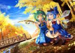  +_+ 2girls :o acorn animal arm_up ascot autumn_leaves bangs black_footwear blue_bow blue_dress blue_hair blue_skirt blue_sky blue_vest blush bobby_socks bow bowtie bridge chipmunk cirno cloud collared_shirt commentary commission daiyousei dappled_sunlight day dress english_commentary eyebrows_visible_through_hair fairy_wings frilled_shirt_collar frills grass green_hair hair_bow hand_on_own_knee hands_up head_wreath ice ice_wings kapuchii kneeling leaf lens_flare long_dress looking_at_another mary_janes multiple_girls mushroom nature open_hands open_mouth outdoors outstretched_hand pinafore_dress pinecone puffy_short_sleeves puffy_sleeves railing red_bow rock scenery shirt shoes short_hair short_sleeves side_ponytail skirt skirt_set sky smile socks sparkle sparkling_eyes squatting squirrel stream sunlight swept_bangs tareme touhou transparent_wings tree tree_shade under_tree undershirt vest water white_legwear white_shirt wing_collar wings wreath yellow_bow 