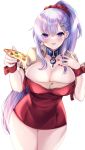  1girl absurdres azur_lane beige_shirt belfast_(azur_lane) belfast_(piping-hot_perfection)_(azur_lane) braid breasts broken broken_chain chain cleavage cleavage_cutout clothing_cutout dress food french_braid hair_between_eyes highres holding holding_food holding_pizza light_purple_hair looking_at_viewer microdress nail_polish pizza ponytail purple_eyes red_dress red_nails red_scrunchie sami_(rinsenana) scrunchie simple_background solo waitress white_background wrist_cuffs 