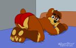  16:10 3_toes 4_fingers absurd_res anthro arch_position arched_back bed bedroom bedroom_eyes black_nose brown_body brown_fur bulge butt butt_focus butt_heart clothing eye_contact eyebrows feet fingers fur furniture garebear garebear_illustrations hi_res hindpaw looking_at_another looking_at_viewer male mammal narrowed_eyes panties pawpads paws pinup pose red_clothing red_panties red_underwear seductive sex solo toes underwear ursid ursine widescreen 