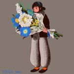  1girl aqua_flower black_footwear black_hair blue_flower blue_ribbon bouquet dated flower full_body grey_background grey_pants highres holding holding_bouquet medium_hair original pants pink_nails ponytail procreate_(medium) ribbon signature simple_background solo standing tomidoron white_flower yellow_flower 