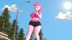  16:9 anthro bodily_fluids cloud equid equine exercise female friendship_is_magic gym_clothing hasbro hi_res horse jogging mammal my_little_pony neondonut outside park park_bench pinkie_pie_(mlp) plant pony sky smile solo sun sweat thick_thighs tree wide_eyed widescreen workout 