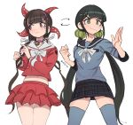  2girls arrow_(symbol) bangs black_hair blue_legwear blunt_bangs chabashira_tenko commentary cosplay costume_switch crop_top danganronpa_(series) danganronpa_v3:_killing_harmony english_commentary frilled_skirt frills green_eyes green_scrunchie hair_ornament hair_scrunchie hairband harukawa_maki long_hair looking_away low_twintails mole mole_under_eye mole_under_mouth multiple_girls palette_swap pleated_skirt qosic ringed_eyes school_uniform scrunchie serafuku simple_background skirt thighhighs twintails white_background 