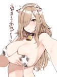  1girl animal_ears animal_print areola_slip areolae armpits bell bell_choker blush breasts brown_hair choker cleavage commentary_request cow_ears cow_horns cow_print earrings fake_animal_ears hair_over_one_eye highres horns jewelry long_hair looking_at_viewer original simple_background solo sunaba_suzume white_background yellow_eyes 