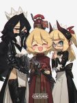  1other 3girls :d absurdres arm_armor armor birthday black_eyes black_hair black_legwear blonde_hair blue_eyes bow cape centurii-chan closed_eyes english_commentary english_text executioner_maid_(centuriic) flareze_(porforever) glasses highres horns long_sleeves looking_at_viewer maid_headdress mask medium_hair mouth_mask multiple_girls open_mouth original pelvic_curtain pointy_ears porforever red_cape sheath sheathed simple_background skirt smile sword thighhighs weapon white_background 