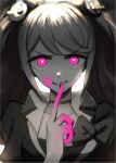  1girl bangs bear_hair_ornament blood blood_on_face bloody_hands bow bra choker collarbone collared_shirt commentary danganronpa:_trigger_happy_havoc danganronpa_(series) enoshima_junko finger_to_mouth grin hair_ornament highres index_finger_raised long_hair looking_at_viewer nail_polish pink_blood pink_eyes qosic shirt shushing smile solo spot_color twintails underwear 