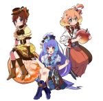  3girls alternate_costume apple blue_hair blue_skirt blush bow chibi flower food freyja_wion fruit green_eyes hair_behind_ear hair_between_eyes hair_bow hair_bun hair_flower hair_ornament hat heart heart_hair_ornament highres holding holding_food holding_fruit kaname_buccaneer long_hair macross macross_delta mikumo_guynemer minigirl multicolored_hair multiple_girls open_mouth orange orange_hair orange_slice osakana_(sasawo9090) purple_eyes purple_flower purple_hair purple_rose red_bow red_hair rose short_hair sitting skirt smile streaked_hair symbol_commentary very_long_hair white_background 