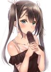  1girl blue_eyes blush brown_dress brown_hair confetti dress eating food hair_ribbon ice_cream iso long_hair looking_at_viewer original popsicle ribbon twintails upper_body 