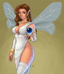 bracelet breasts brown_hair cleavage clothed clothing dress ear_piercing ear_ring erect_nipples fairy gameplay_mechanics green_eyes hair hi_res humanoid humanoid_pointy_ears jewelry legwear life_(gaming) looking_at_viewer necklace nipples phirmost piercing rod_land simple_background stockings yellow_background 