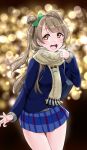  :d bag bangs beige_scarf blue_jacket blue_skirt blunt_bangs blurry blurry_background blush bow brown_bow eyebrows_visible_through_hair green_bow hair_bow highres jacket light_particles long_sleeves looking_at_viewer love_live! love_live!_school_idol_project minami_kotori night open_mouth pleated_skirt scarf school_bag school_uniform side_ponytail skirt smile solo upper_teeth yellow_eyes yopparai_oni 