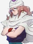  1girl android_21 blue_eyes cape closed_mouth cosplay crossed_arms dragon_ball dragon_ball_fighterz earrings glasses grey_background hoop_earrings jewelry kemachiku long_hair looking_at_viewer piccolo piccolo_(cosplay) red_hair simple_background smile solo turban white_cape 