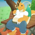  1:1 anthro bottomwear clothing denim denim_clothing dragonite fan_character hi_res jeans nintendo pants park pok&eacute;mon pok&eacute;mon_(species) safe_(disambiguation) shirt topwear video_games 