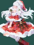  1girl alternate_costume bow christmas closed_mouth dress english_text fire_emblem fire_emblem:_three_houses full_body fur_collar fur_cuffs fur_trim green_background hands_on_own_knees hat highres jumping looking_at_viewer lysithea_von_ordelia pink_eyes red_dress santa_costume santa_hat shoulders simekirillust simple_background white_hair 