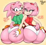 2021 accessory amy_rose anthro big_butt black_nose blush bmayyneart butt butt_grab classic_amy_rose classic_sonic_(universe) clothed clothing dialogue duo english_text eulipotyphlan eyelashes female female/female green_eyes hair hair_accessory hairband hand_on_butt hedgehog hi_res looking_back mammal one_eye_closed open_mouth panties pink_hair short_hair signature smile sonic_the_hedgehog_(series) square_crossover text underwear 