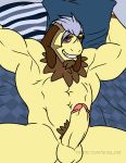  abs absurd_res anso/rez anthro balls beard bedding bedding_background biceps blue_eyes blue_hair blush body_hair brown_hair canid canine chest_hair chest_tuft erection facial_hair foreskin fur genitals goatee hair hands_behind_head hi_res lying male mammal messy_hair multicolored_hair muscular muscular_male nintendo nude on_back pecs penis perineum pillow pok&eacute;mon pok&eacute;mon_(species) pok&eacute;morph pubes shiny_pok&eacute;mon sideburns smeargle smiling_at_viewer solo spread_legs spreading tuft two_tone_hair uncut undercut video_games yellow_body yellow_fur 