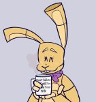  2020 ambiguous_gender animatronic anthro beverage bow_tie buckteeth cup english_text eyes_closed five_nights_at_freddy&#039;s five_nights_at_freddy&#039;s_3 five_nights_at_freddy&#039;s_4 happy holding_object lagomorph leporid long_ears machine mammal rabbit robot simple_background skkortysoup solo spring_bonnie_(fnaf) tagme teeth text video_games yellow_body 