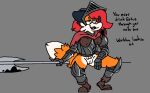  anthro armor axe bottomless canid canine clothed clothing dark_souls dialogue digital_media_(artwork) english_text female fox fromsoftware fur genitals hair half-closed_eyes mammal melee_weapon narrowed_eyes open_mouth pepper_(sketchytoasty) pussy simple_background sketchytoasty smile solo text unaware video_games weapon 