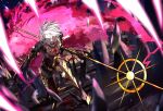  1boy armor blood blue_eyes colored_skin earrings eyeshadow fate/grand_order fate_(series) fingernails full_body gem highres holding holding_weapon jewelry karna_(fate) leaning_forward makeup male_focus multicolored multicolored_skin ono_matope open_mouth pale_skin polearm red_eyeshadow sharp_fingernails spear two-tone_skin weapon white_hair 
