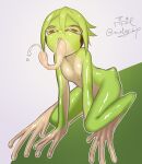  1girl akira_(meltyhip) breasts colored_skin completely_nude dark_skin fewer_digits frog_girl green_hair green_skin grey_skin horizontal_pupils long_tongue looking_at_viewer monster_girl multicolored multicolored_skin nude original saliva short_hair small_breasts solo squatting tongue tongue_out twitter_username very_long_tongue webbed_feet webbed_hands yellow_eyes 