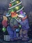  2020 3:4 anthro badger blush bottomwear brown_body brown_fur canid canine christmas christmas_tree clothing detailed_background disney duo fox fur gideon_grey hi_res holidays jay_wolfe k-9 kissing male male/male mammal mustelid musteline outside pants plant scarf slightly_chubby snow snowing sweater topwear tree zootopia 