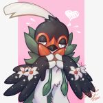  &lt;3 1:1 2021 ambiguous_gender avian black_body black_feathers blush decidueye embarrassed feathers female_(lore) flower gingy_k_fox green_body green_feathers lilly_(gingy_k_fox) nintendo pink_background plant pok&eacute;mon pok&eacute;mon_(species) shaded shiny_pok&eacute;mon signature simple_background solo video_games white_background white_body white_feathers 