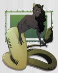  4:5 anthro black_body black_fur felid female fluffy fluffy_tail fur green_body green_scales hi_res hybrid liy-p mammal orange_eyes reptile scales scalie solo tatzelwurm 