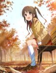  1girl :d arm_support autumn autumn_leaves bench blurry blurry_background blush bow bowtie brown_eyes brown_footwear brown_hair brown_jacket cloud cloudy_sky day eyebrows_visible_through_hair falling_leaves from_below from_side furuyama_itaru half_updo highres idolmaster idolmaster_cinderella_girls jacket kneehighs leaf light_rays loafers long_hair looking_away looking_to_the_side one_side_up open_mouth outdoors red_neckwear red_skirt school_uniform shimamura_uzuki shoes skirt sky smile solo white_legwear wooden_bench 