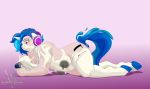  anthro blue_hair blueberrysnow breasts equid equine female friendship_is_magic goo_transformation hair hasbro headphones hi_res hooves horn horse human human_to_anthro mammal music_player my_little_pony nipples pony solo species_transformation transformation unicorn vinyl_scratch_(mlp) walkman white_body 