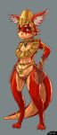  anthro armband bracelet breasts captaincob claws clothed clothing digitigrade eyelashes female fluffy_ears gloves grey_background hand_on_hip handwear hat headdress headgear headwear hi_res jewelry kobold looking_at_viewer necklace non-mammal_breasts orange_body orange_eyes orange_scales red_body red_scales scales scalie simple_background skimpy solo tail_jewelry tail_ring wide_hips 