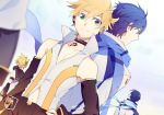  5boys aqua_eyes arm_warmers bare_shoulders bass_clef black_collar black_shorts black_sleeves blonde_hair blue_eyes blue_hair blue_scarf blurry_foreground choker coat collar collarbone commentary detached_sleeves dutch_angle expressionless from_behind hand_on_hip kagamine_len kagamine_len_(vocaloid4) kagamine_rin kagamine_rin_(append) kaito kaito_(vocaloid3) looking_at_viewer male_focus midriff_cutout multiple_boys multiple_persona out_of_frame pendant_choker sailor_collar scarf shirt short_ponytail short_sleeve_sweater shorts sinaooo sleeveless sleeveless_shirt smile spiked_hair upper_body v4x vocaloid vocaloid_append white_coat white_shirt 