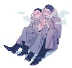  2boys 8kani_kani8 black_eyes black_footwear black_hair blush boots breath buzz_cut closed_mouth coat facial_hair facing_viewer full_body fur-trimmed_hood fur_trim goatee golden_kamuy grey_coat grey_eyes hair_slicked_back holding_another&#039;s_arm hood hood_down imperial_japanese_army long_coat long_sleeves looking_at_another male_focus military military_uniform multiple_boys mustache parted_lips short_hair signature simple_background sitting smile sweat tsukishima_hajime tsurumi_tokushirou uniform very_short_hair white_background yaoi younger 