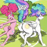  1:1 2018 action_pose anthro anus blush butt_smack clitoris cutie_mark dialogue duo english_text equid feathered_wings feathers female female/female friendship_is_magic fur genitals hair hasbro hi_res hooves horn mammal multicolored_hair multicolored_tail my_little_pony open_mouth outside pink_body pink_fur pink_hair pinkie_pie_(mlp) plant pose princess_celestia_(mlp) pussy rainbow_hair rainbow_tail sailoranna teats text tree white_body white_fur winged_unicorn wings 