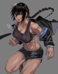  1girl abs bandaid bare_shoulders black_hair braid braided_ponytail breasts cleavage clenched_hand dark_skin dark_skinned_female grey_background gym_shorts highres hun_yan long_hair muscular muscular_female open_hand open_mouth original shorts simple_background sweat sweatdrop thighs tomboy toned 