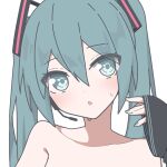  1girl aqua_eyes aqua_hair aqua_nails bare_shoulders black_sleeves blush chestnut_mouth collarbone commentary giryu hair_ornament hand_up hatsune_miku headset long_hair looking_at_viewer nail_polish nude open_mouth portrait sleeves_past_wrists solo sweat twintails vocaloid white_background 