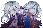  2boys black_capelet blue_eyes bow brooch capelet coat collared_shirt colored_eyelashes crack cracked_skin cravat crossover easel_(dam0628) edmond_dantes_(fate/grand_order) fate/grand_order fate_(series) hair_bow identity_v jewelry joseph_desaulniers long_hair look-alike low_ponytail male_focus multiple_boys ponytail red_eyes red_ribbon ribbon shirt sideways_glance simple_background smile torn_clothes upper_body white_background white_hair white_shirt yellow_bow yellow_neckwear 