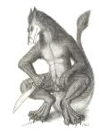  5_fingers abs absurd_res animal_genitalia anthro balls black_and_white claws crouching digitigrade fingers flaccid fluffy fluffy_tail fully_sheathed fur genitals graphite_(artwork) hi_res knife machete male mane melee_weapon monochrome navel nude pencil_(artwork) penis scalywanderer scar sergal sheath simple_background solo tail_tuft traditional_media_(artwork) tuft weapon white_background 