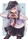  1girl anchor_symbol bangs black_headwear black_legwear black_sailor_collar black_skirt blue_eyes eyebrows_visible_through_hair flat_cap hair_between_eyes hat heart heart_hands hibiki_(kantai_collection) highres kantai_collection kuuru_(kuuru-n) long_hair long_sleeves looking_at_viewer neckerchief pleated_skirt red_neckwear sailor_collar school_uniform serafuku skirt solo thighhighs white_hair 