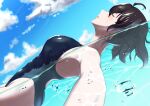  1girl ahoge air_bubble blue_sky blush brown_hair bubble closed_eyes cloud cloudy_sky competition_swimsuit floating highres m0nsoo00n one-piece_swimsuit original partially_submerged pool short_hair sky swimsuit water wet wet_hair 