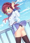  1girl angel_beats! black_legwear black_panties blue_sailor_collar blue_skirt blue_sky bow cloud cowboy_shot day dutch_angle green_eyes hair_bow hairband highres neckerchief outdoors panties pleated_skirt purple_hair railing red_neckwear sailor_collar satomi_yoshitaka school_uniform serafuku shinda_sekai_sensen_uniform short_hair skirt sky solo thighhighs underwear yuri_(angel_beats!) 