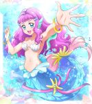  1girl :d air_bubble armpits bangs bare_shoulders blue_eyes blush bracelet breasts bubble clam_shell commentary_request coralfish full_body groin hair_ornament hands_up hanzou head_fins highres jellyfish jewelry kneeless_mermaid laura_(precure) long_hair looking_at_viewer medium_breasts mermaid midriff monster_girl navel necklace open_mouth pearl_(gemstone) pearl_hair_ornament pink_ribbon precure purple_hair ribbon scales seashell seashell_bra shell shell_bikini sideboob sidelocks sleeveless smile solo split_tail tropical-rouge!_precure underboob underwater upper_teeth wavy_hair 